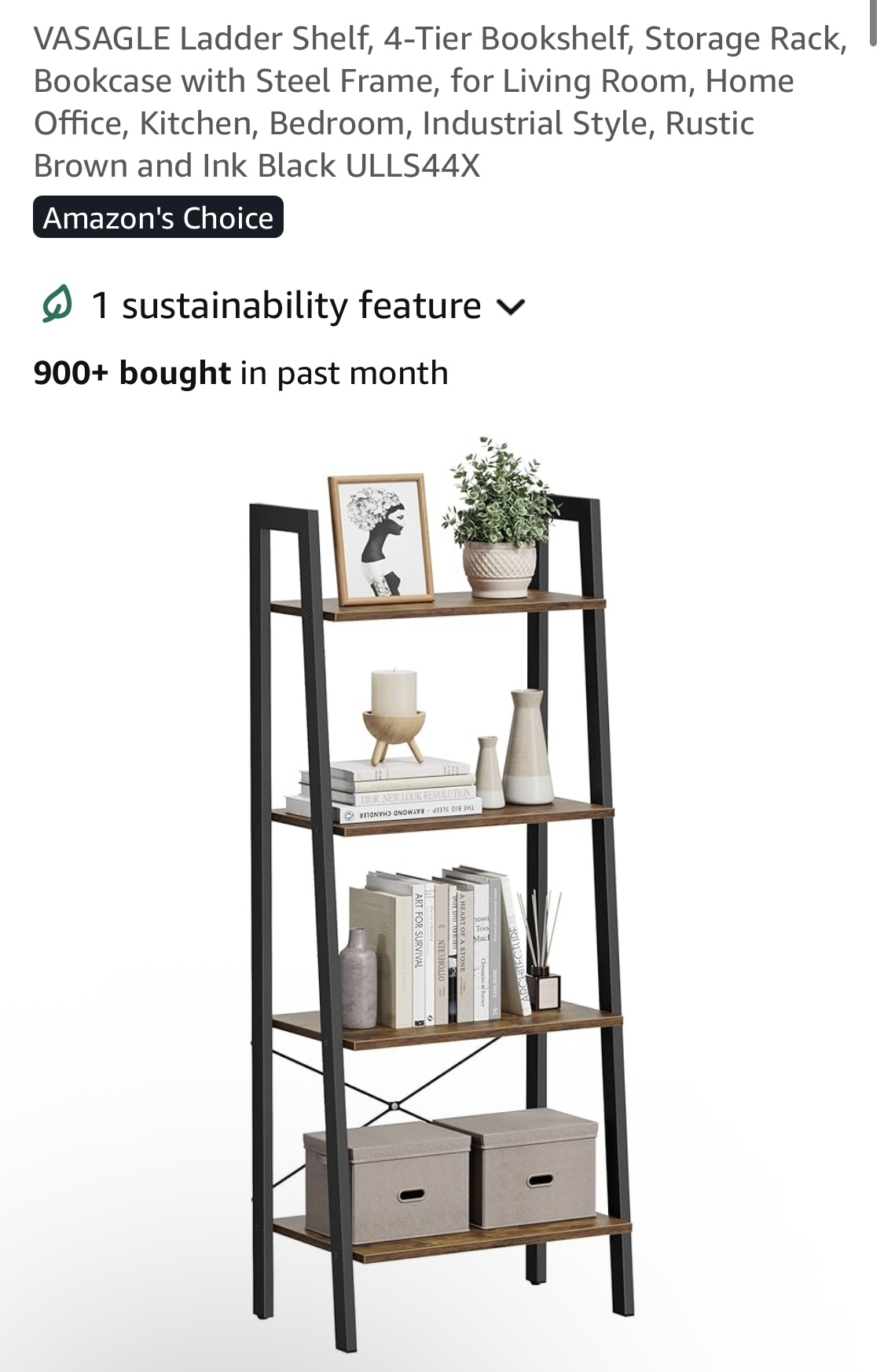 Vasagle Black & Brown Wood & Steel Bookshelf Ladder Shelf LLS44XV2 New, Open Box